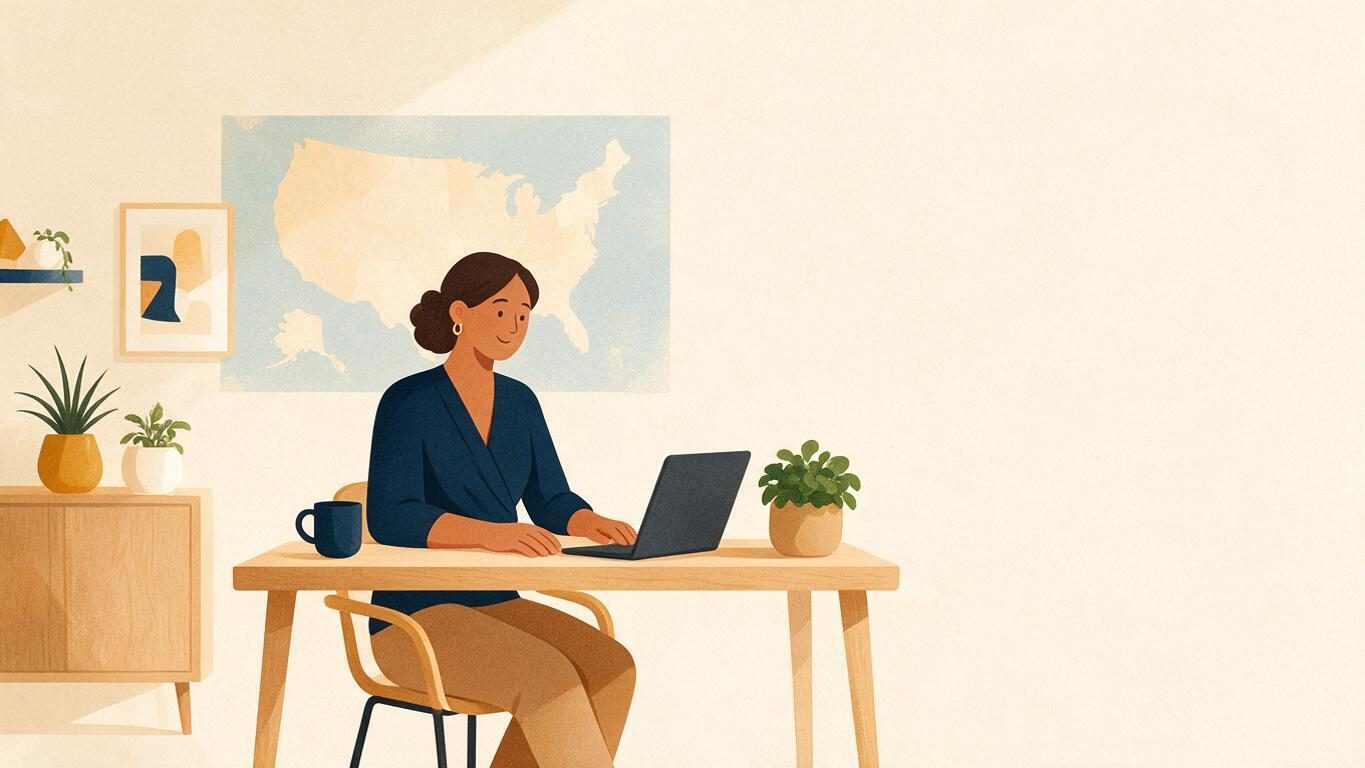 A small business owner at a desk with a map of the United States behind her